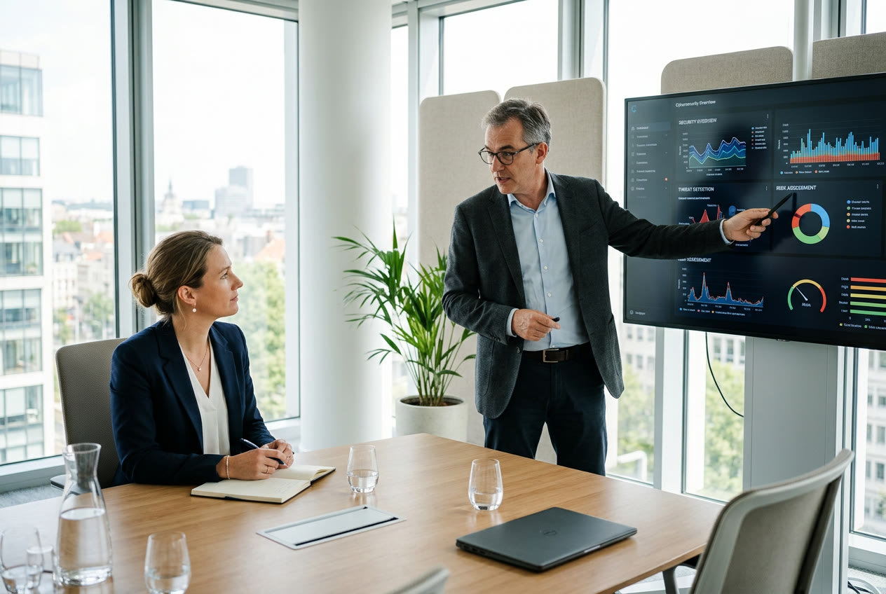 Un spécialiste en cybersécurité présente un tableau de bord à une dirigeante
